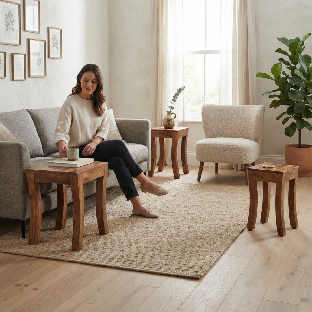 Lark Manor Elegant Castellon Solid Acacia Wood Nesting Tables - Hand Finished Sturdy Stackable Side Tables for Living Room Bedroom Lounge Brown 50cm H X 50cm W X 35cm D