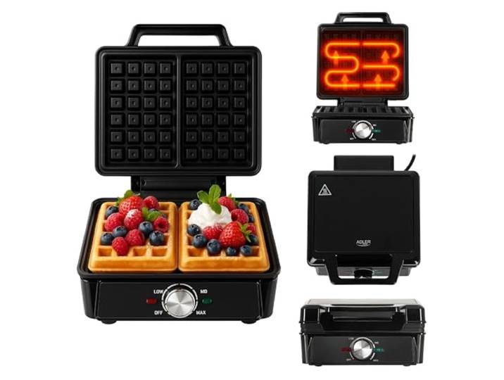 ADLER EUROPE Wafelijzer, Belgisch wafelijzer, dubbel wafelijzer met temperatuurregeling, 2000 W wafelijzer, anti-aanbaklaag en warmte-isolerende handgreep, diepe verwarmingsplaten, 9 x 14,5 cm