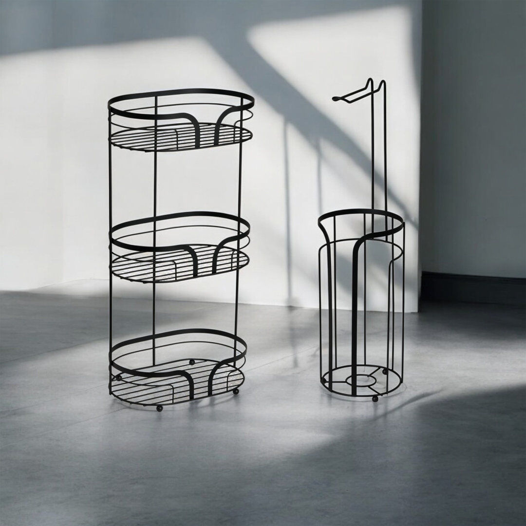 Showerdrape Dante Chrome Floor Caddy And Toilet Roll Holder Black 57cm H X 28.5cm W X 18.5cm D