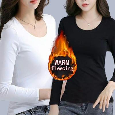 Uplifted Finds O Neck Long Sleeve Fleece Heating Fiber Thermal T Shirt Women Winter Bottoming Cropped Top Casual Skinny All Match 2xl 2 pcs B