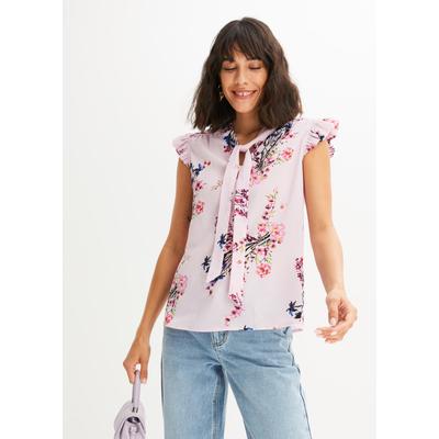 Schluppenbluse BONPRIX, Damen, Gr. 46, rosa (rosa geblümt), Web, Obermaterial: 97% Polyester, 3% Elasthan, loose fit, Blusen Schluppenbluse, lockerer Schnitt, eleganter Stil, mit kurzen Volantärmeln