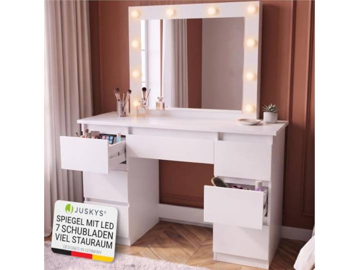Juskys® Schminktisch Talea mit LED-Spiegel, 7 Schubladen, individuelle Lichteinstellung, viel Stauraum, modernes Design, kompakt & pflegeleicht — Weiß