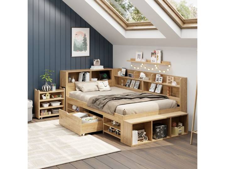 lit enfant lit rangement multifonction 90x200 bois naturel avec etageres tiroir et placards chambre EVRYAE