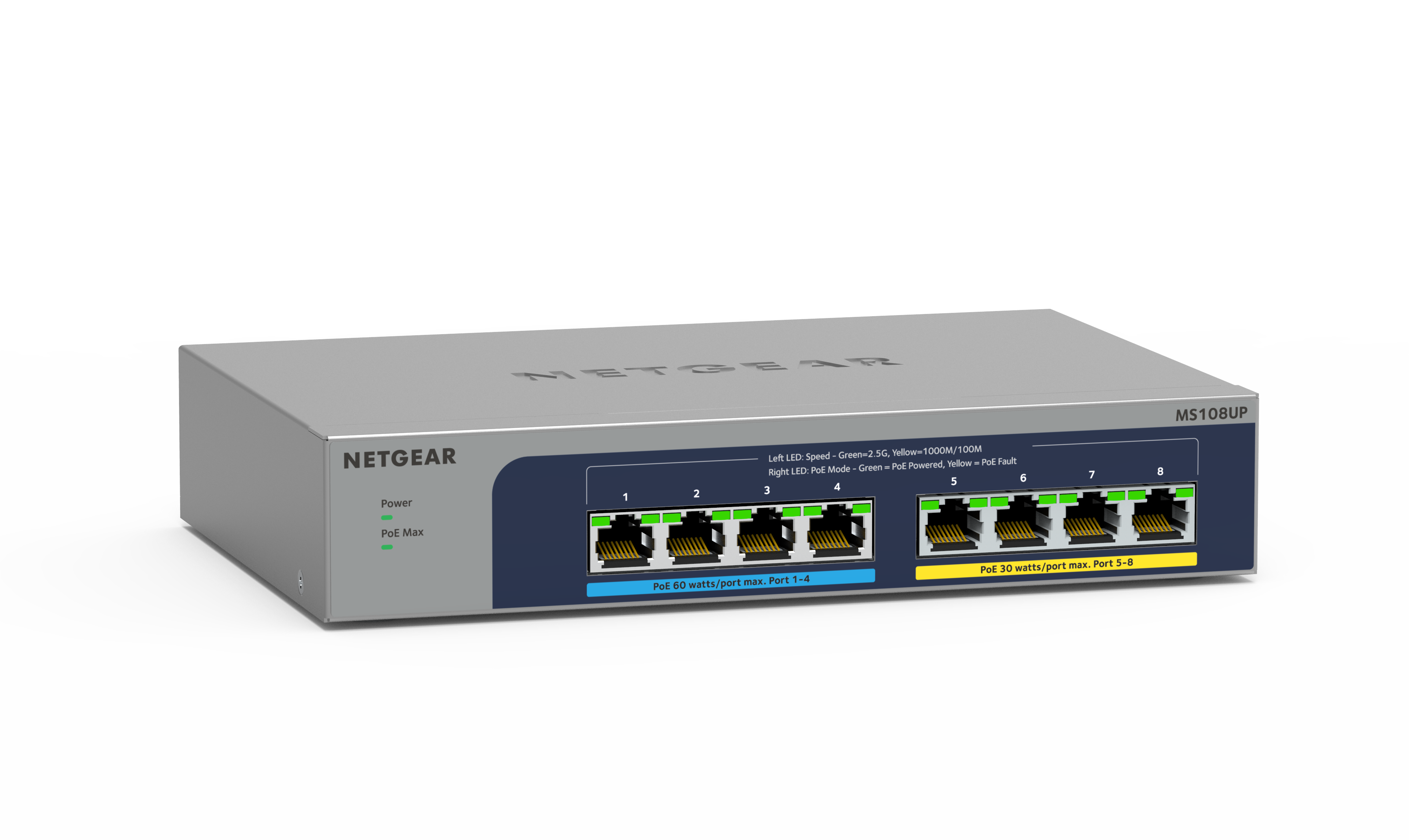 NETGEAR 8-Port Ultra60 PoE Multi-Gigabit Ethernet Unmanaged Network Switch (MS108UP): mit 4 PoE++ und 4 PoE+bei 230 W, Desktop- oder Wandbefestigung und Service über die gesamte Nutzungsdauer