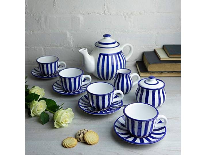 City to Cottage® - Keramik Tee Set für 4 Blau-Weiß gestreift Handgemacht Keramik Teekanne 1,7 Liter, Milchkännchen, Zuckerdose, 4 Teetassen mit Untertassen