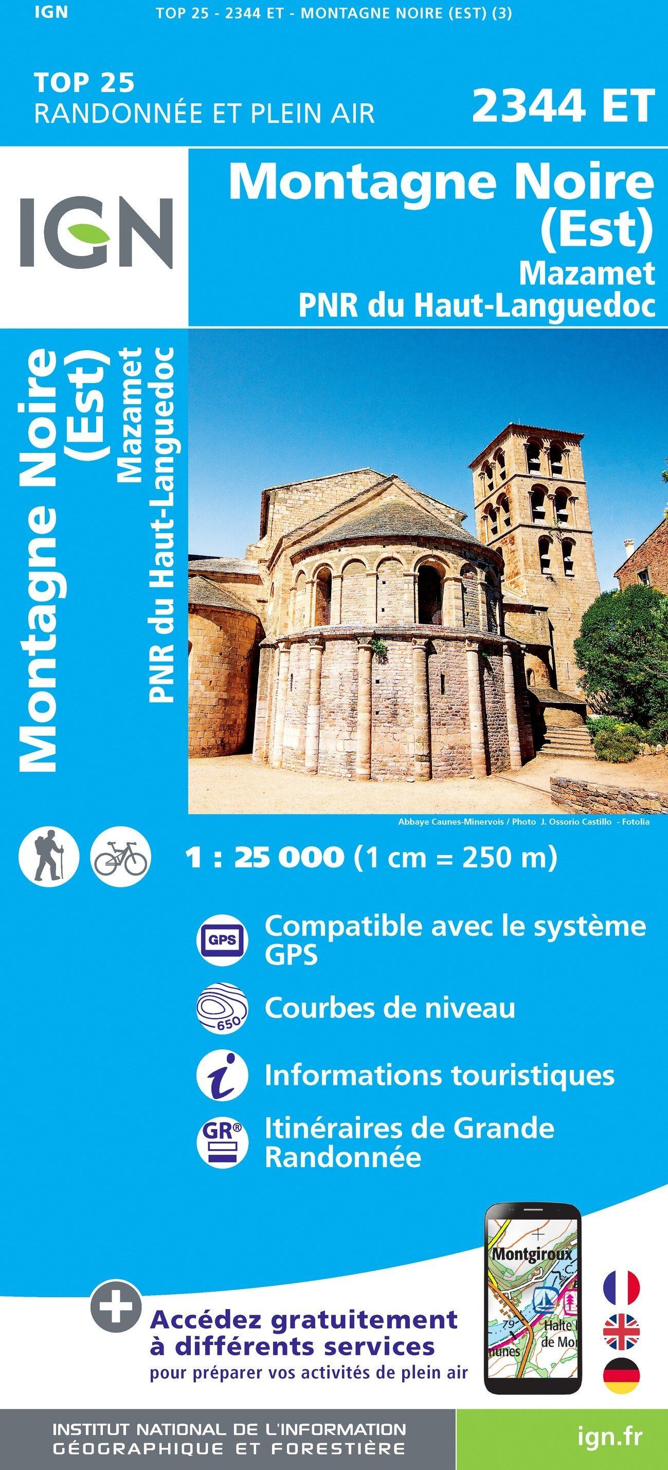 Carte de randonnée IGN TOP 25 n° 2344 ET - Montagne Noire (Est), Mazamet, PNR du Haut Languedoc