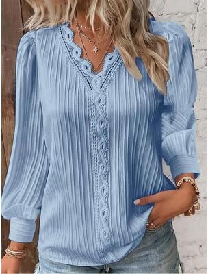 Uplifted Finds Womens Lace Stitch Pullover Chiffon V Neck Long Sleeve Blouse 3xl blue
