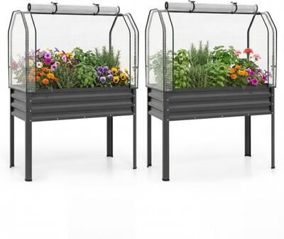 Costway 2 Pieces Galvanized Raised Garden Bed with Legs and Greenhouse Cover for Vegetable Flower-Gray