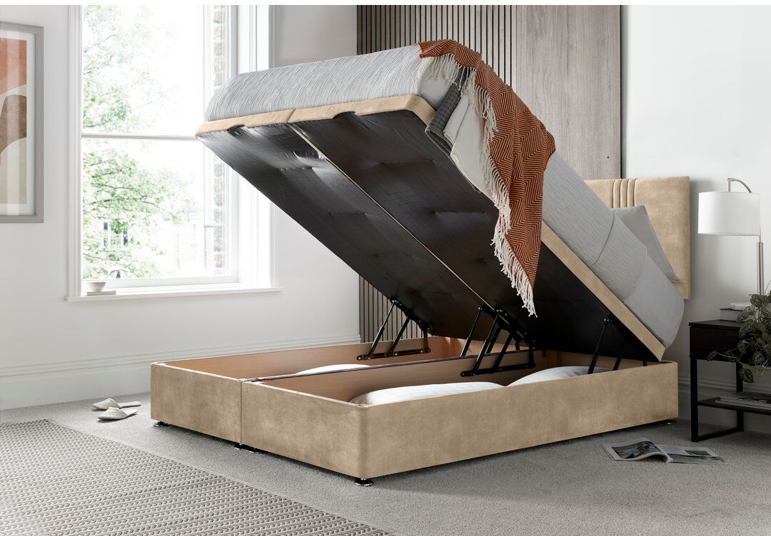 17 Stories New Empire Conistan Upholstered Ottoman Storage Bed with Panel Headboard & Gas Lift Almond Double (4'6)