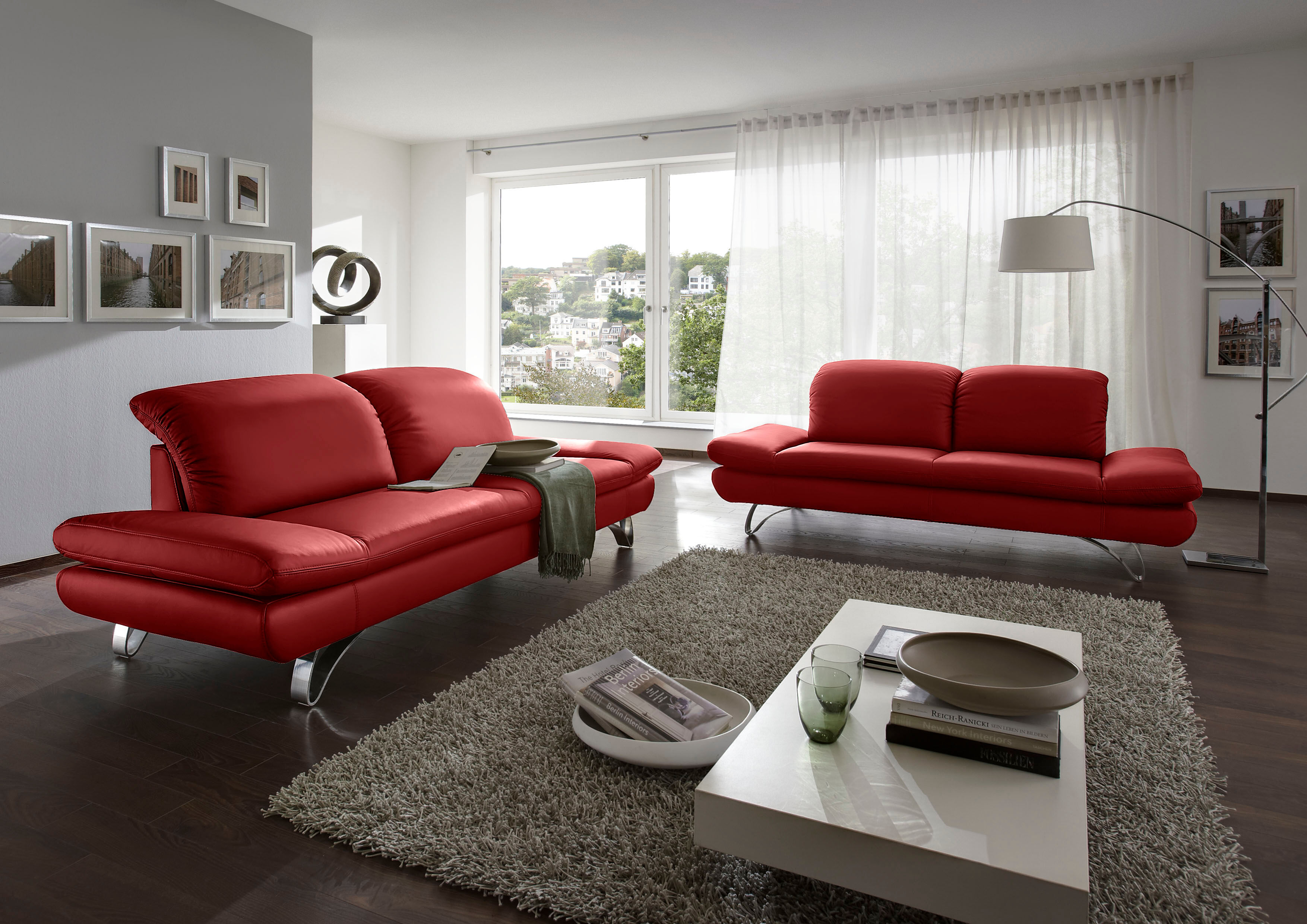 3-Sitzer PLACES OF STYLE "San Angelo", rot, B:232cm H:96cm T:95cm, NaturLEDER- »Frederica« (echtes Rindsleder);Luxus-Microfaser (100% Polyester);NaturLEDER-«Uruguay« (echtes Rindsleder), Sofas, 3-Sitzer rot B/H/T: 232cm x 96cm x 95cm, NaturLEDER® Uruguay