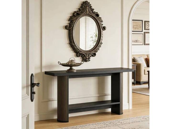 Table Console En Bois Noir Console D Entree Moderne FloraGrace Pour Entree Ou Salon Facile A Assembler 140x30x80cm