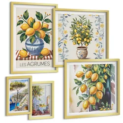 BILDER SET 5er Set - 50x50 cm & 20x30 cm & 40x60 cm Goldrahmen - Zitronenbäume am Meer