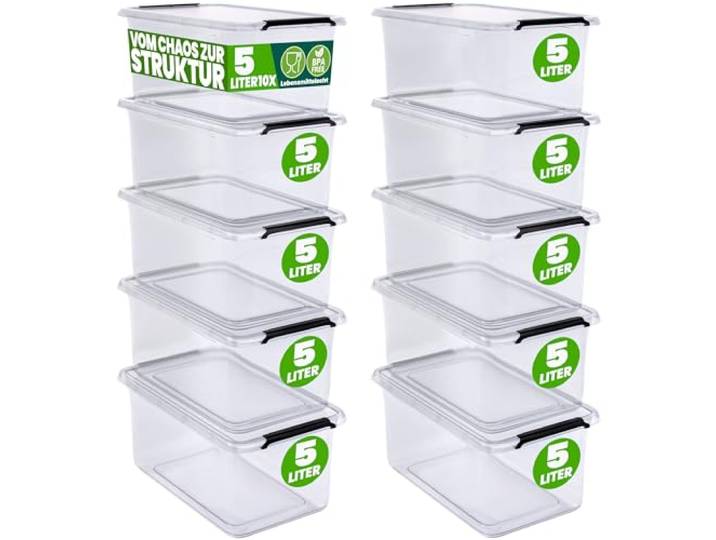 DEUBA® 10x Stapelbare Opbergdoos Met Deksel 5l 29,5x20x12cm Transparant Plastic Voedselveilig BPA-vrij Stapelbak