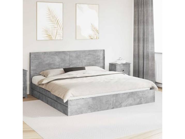 RJPLMFV Bettgestell mit Stauraum, Kopfteil, Betongrau Robustes Holzwerkstoff, Unterbettaufbewahrung, modernes Design, feucht abwischbar, inkl. Lattenrost