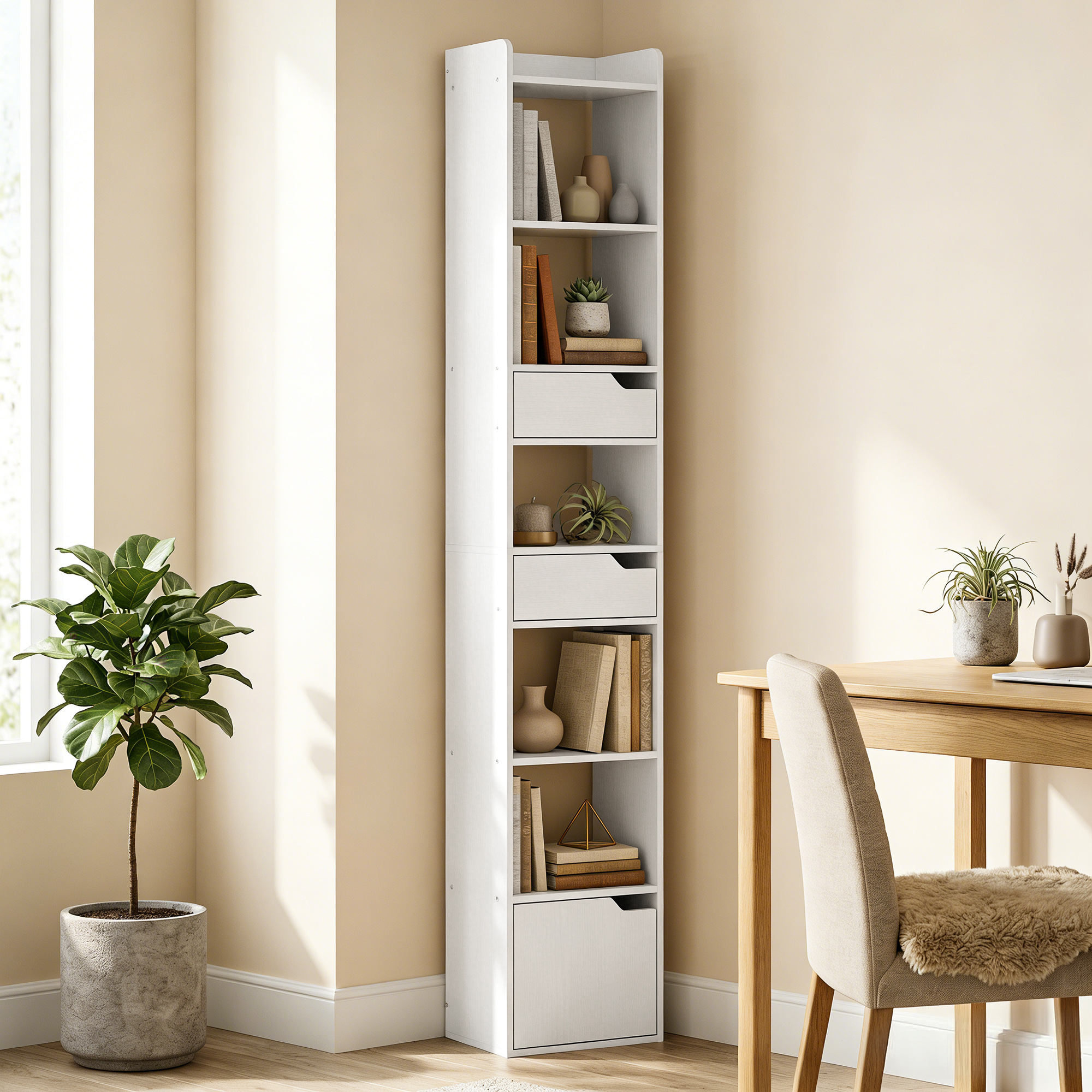 Homcom Libreria Verticale Alta a 6 Ripiani, Libreria Scaffale Salvaspazio con Cassetti, Armadietto, Effetto Legno Bianco   Aosom Italy
