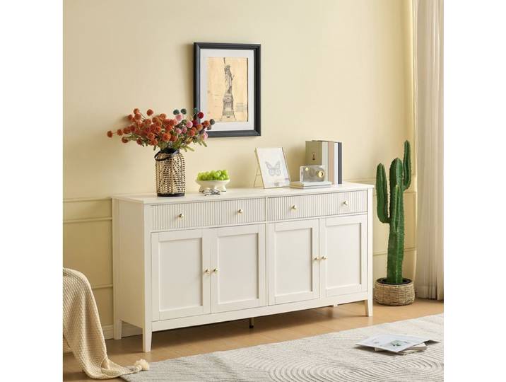 Buffet bas IVMEU blanc 160 cm 2 tiroirs 4 portes MDF poignées dorées étagères réglables