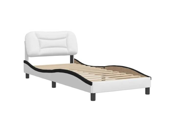 KTHLBRH Bettgestell Hvar Weiß und Schwarz 80 x 200 cm Kunstleder Gepolstertes Kopfteil, Sperrholzleisten, gewelltes Design, leicht zu reinigen