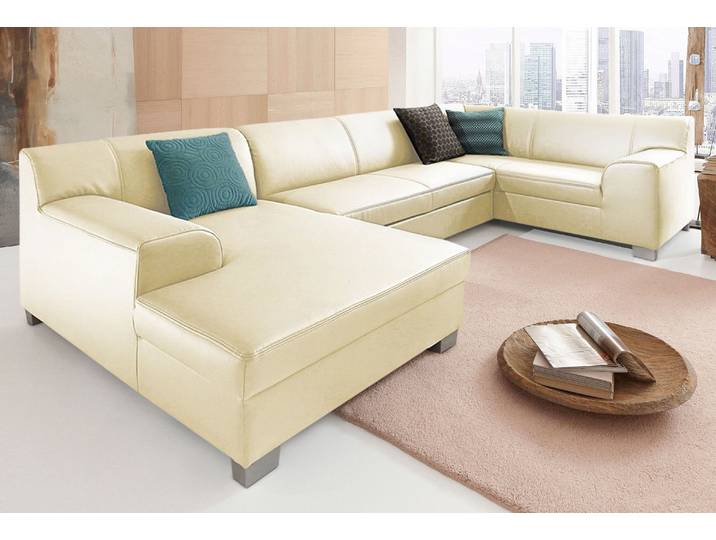 Wohnlandschaft, PRIMABELLE-Microfaser & Rindsleder, Beige, 332×182 cm, U-Form, Modern, Domo-Collection