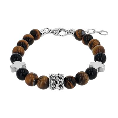 Armband AMOR "Kreuz", edelstahlfarben, schwarz, braun, schwarz, braun, Armbänder, Herren, 22cm, Edelstahl, Armband, mit Achat