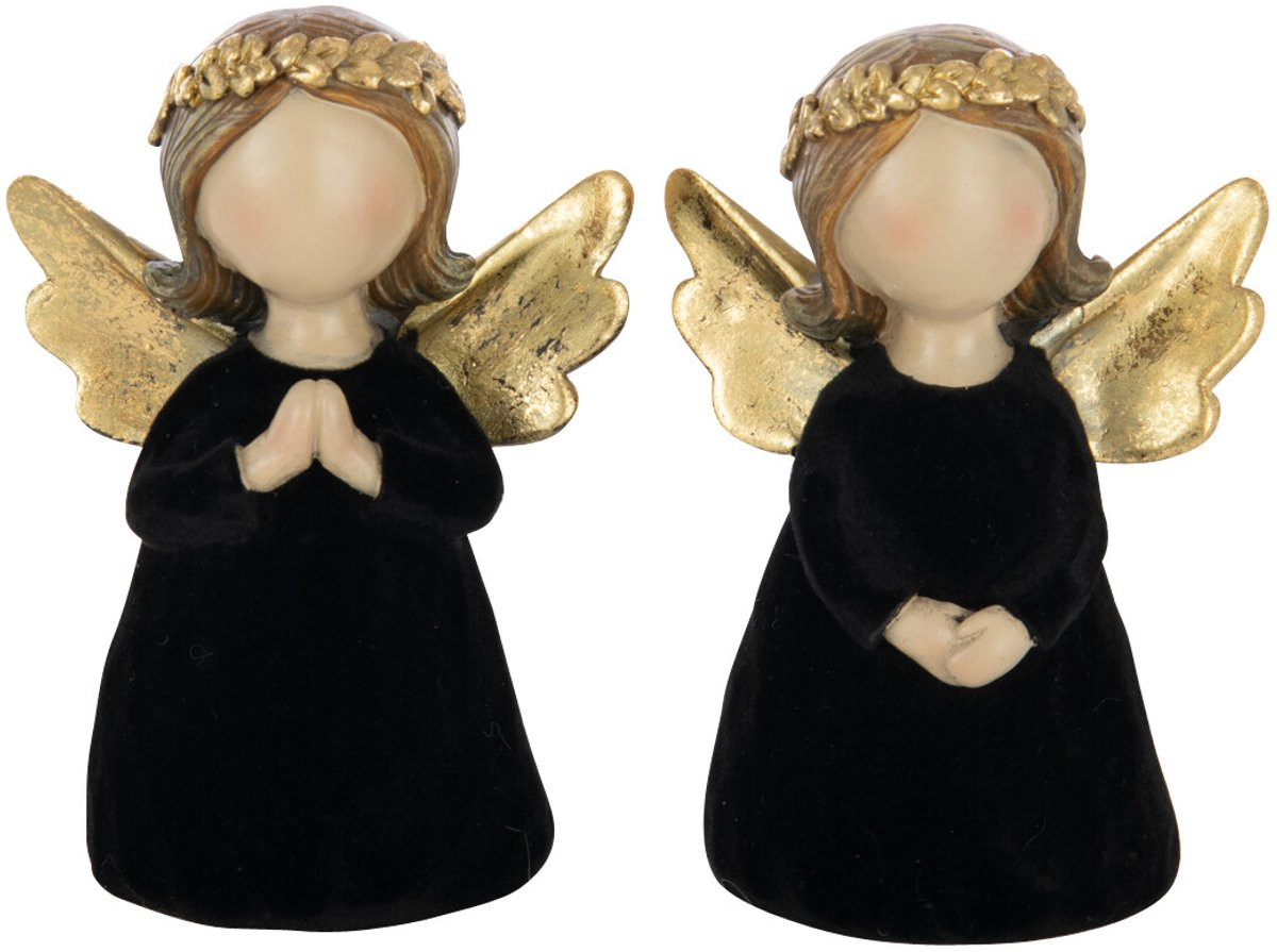 J-Line Engel decoratiebeeldjes van polyresin en fluweel, zwart, small, 2 stuks