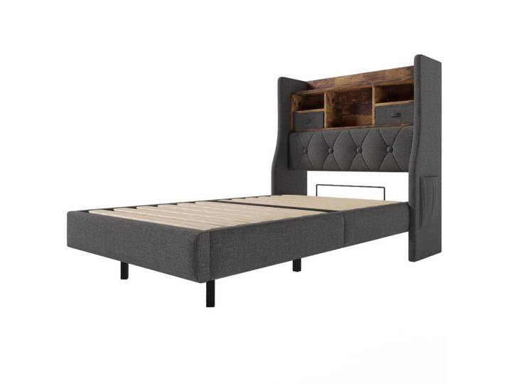 Oxeza Polsterbett 90/200 cm Grau mit LED-Beleuchtung, Kopfteil mit Stauraum, Typ-C-Anschluss und USB-Anschluss, Mode, Rechteckig, 90x200 cm, Schlafzimmer, Betten, Polsterbetten