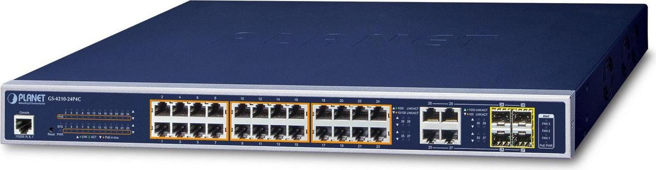 Planet GS-4210-24P4C Managed Switch met 24 x 10/100/1000 Mbps poe+ poorten