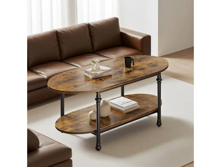 Garvee Couchtisch Oval Vintage Braun, 2 Ebenen Kaffeetisch mit Ablage, Wohnzimmertisch mit Römischen Säulen Metallbeinen, Retro Sofatisch für Wohnzimmer & Büro, Stabil & Pflegeleicht, 110x60x45 cm