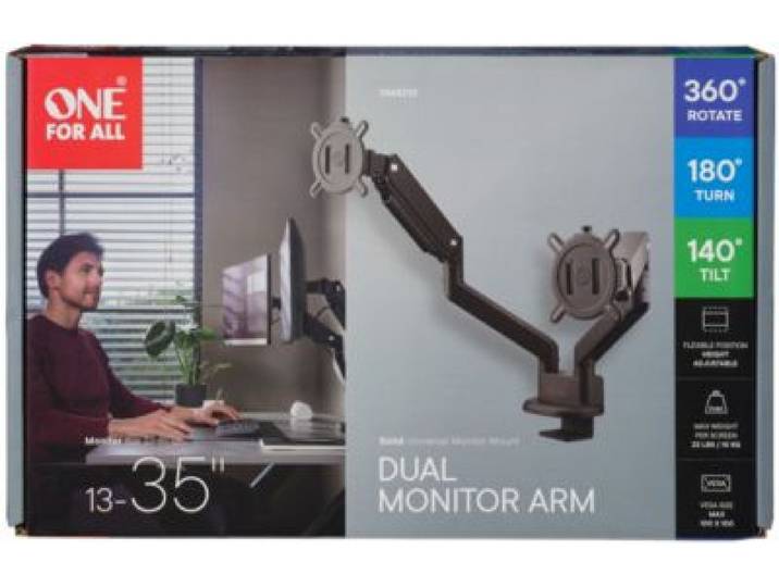 One For All - Support Écran Pc Dual Arm Noir 13-35 Pouces Orientable Et