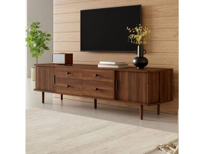 WOVREO Meuble TV bas 165 cm noyer en MDF 4 tiroirs et 2 portes coulissantes