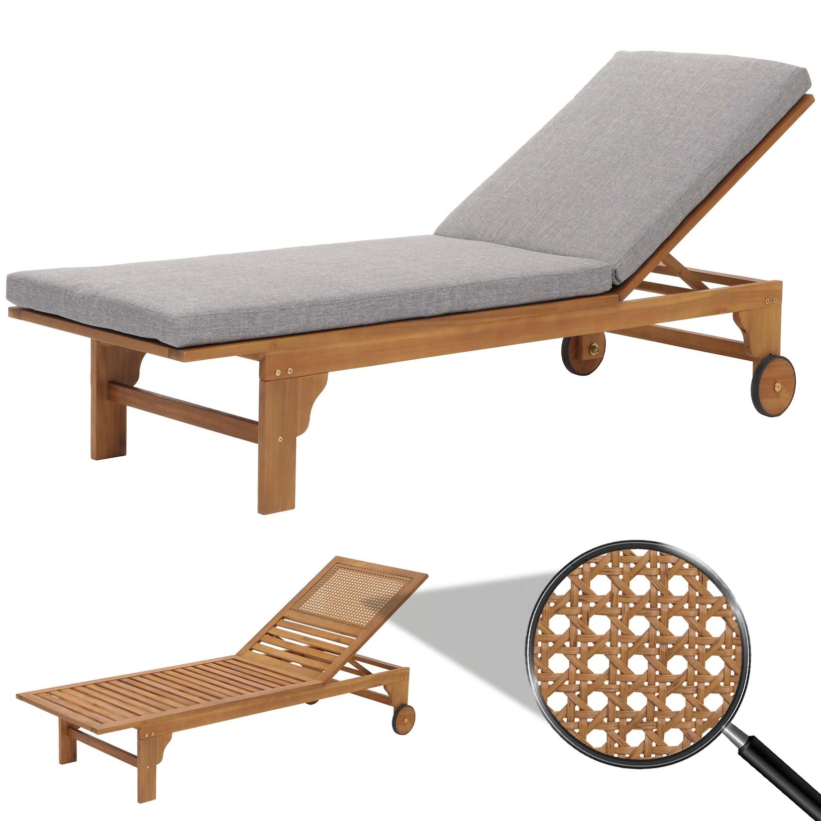 Sonnenliege MCW-N48, Gartenliege Relaxliege Liegestuhl, Massiv-Holz Akazie MVG-zertifiziert ~ Kissen grau