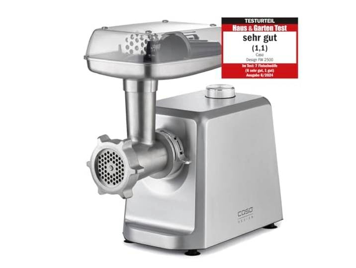 CASO FW 2500 Silber, Fleischwolf mit leistungsstarken 2500 Watt, Testurteil: Sehr Gut, Titan Klinge, Rücklauf-Funktion, Zubehör inkl. Burgerpresse