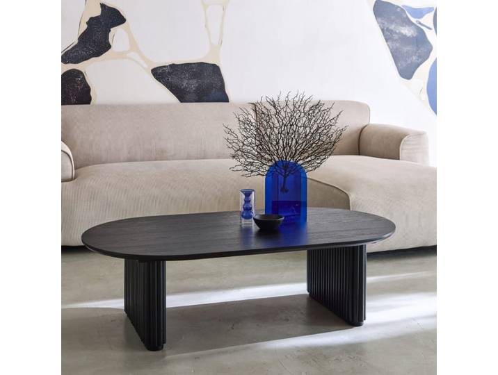 Table basse ovale bois d'hévéa placage chêne noir