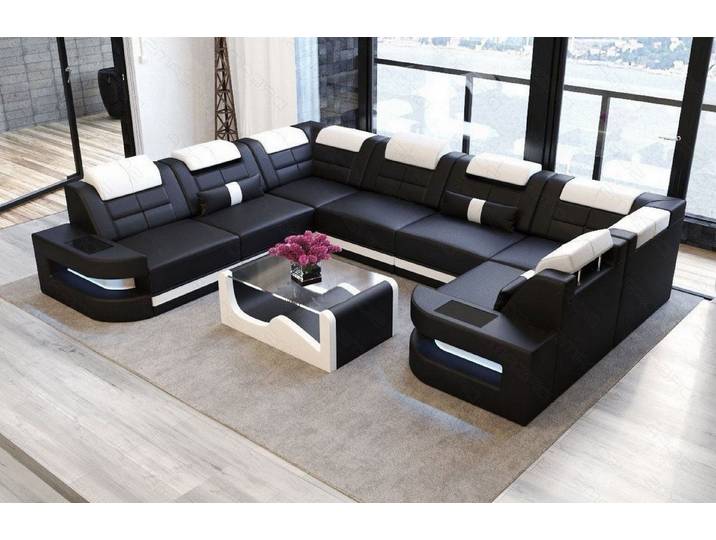 Sofa Dreams Wohnlandschaft Como U Form Leder, Couch, Couch, LED-Beleuchtung, Breite 338cm, Zierkissen, USB