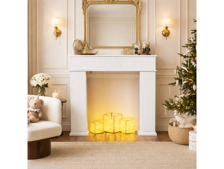 Console de cheminée avec rangement, 107x100 cm, armoire de cheminée à trois portes, meuble de cheminée avec compartiment secret, cadre de cheminée décoratif pour salon, finition laquée, blanc, meuble