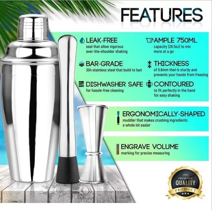 INF Ensemble de shaker à cocktail en verre - Kit de barman professionnel en acier inoxydable 201 argenté