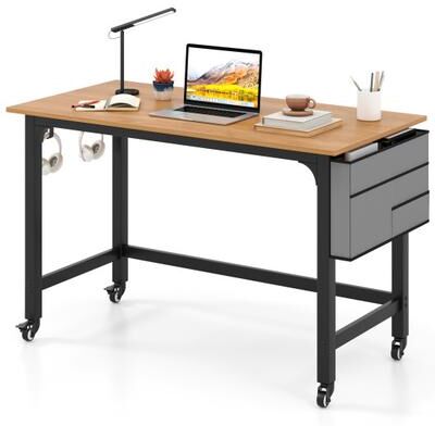Costway 48 Inch Rolling Computer Desk with Heavy-duty Metal Frame for Home and Office-Natural