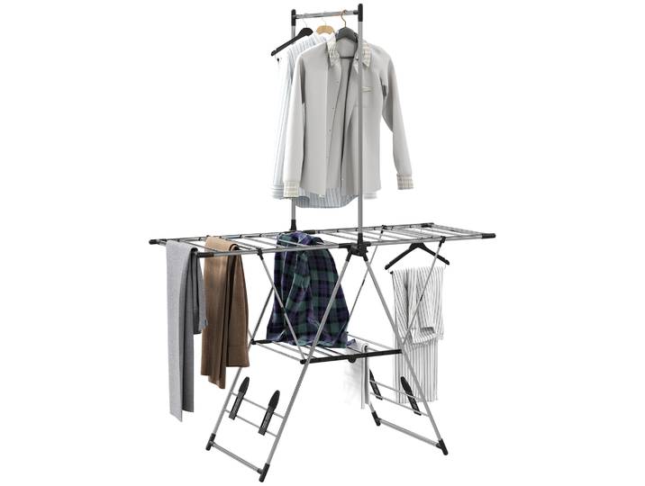 Séchoir À Linge - Homcom - Pliable - Ailes Réglables 5 Niveaux 4 Supports À Chaussures - Acier Inoxydable - 139x62\,5x201cm - Argenté