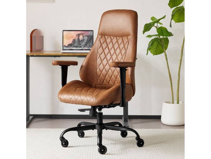 ROVRYN Chaise de bureau ergonomique dossier haut cuir marron avec accoudoirs à roulettes réglable