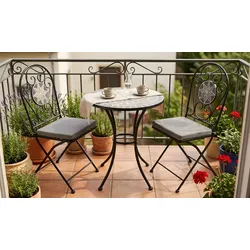 Balkon Bistro Set Funchal 3-teilig rund - Terrassenset Eisen/Polyester, Schwarz, Grau, Weiß - platzsparende Balkonmöbel - Balkonset für Terrassen