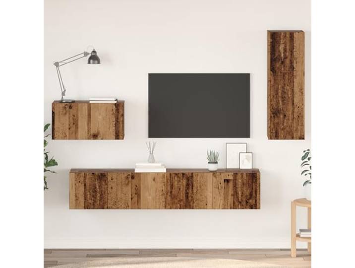 HEFZGDB Wand TV Schrank 4 Stück Altes Holz Mittel Furnierspanplatte Rustikales Finish Modulares Design Wandmontage Aufbewahrungseinheit Regal Wohnzimmer