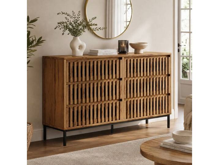 Commode 6 Tiroirs Meuble de Rangement pour Chambre Salon Panneau MDF Couleur Bois Naturel 120x40x81cm