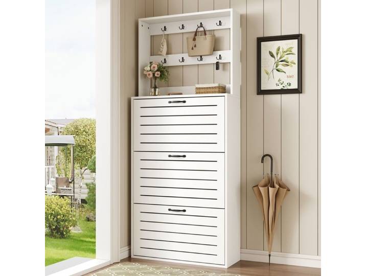 Armoire à chaussures avec 3 portes étagère à chaussures avec crochets rangement pour chapeaux sacs 70 x 25 x 165 cm