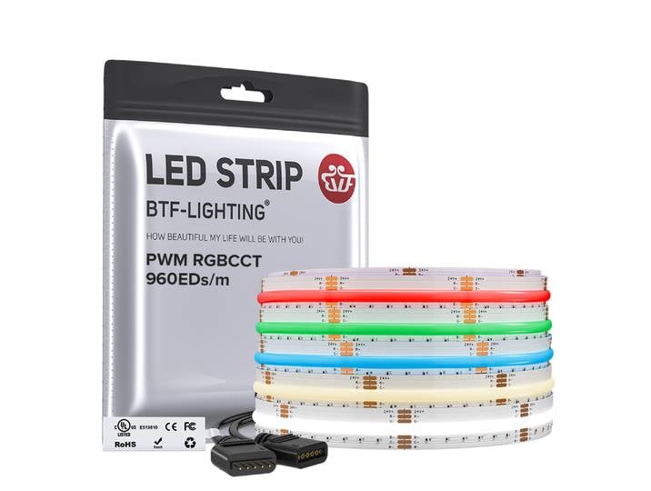 Bande lumineuse LED FCOB RGBCCT 6 broches 12 mm DC24V 960 LED RGB CW WW FOB, lumières linéaires COB flexibles haute densité RA90, bande dimmable