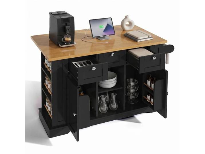 Desserte de cuisine - FURNITURER - 120x60 cm - Plan rabattable 20 cm - Alimentation intégrée - Roulettes verrouillables