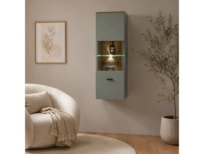 Lomadox Hängevitrine ISCHIA-36 inkl. LED Beleuchtung, Grün mit Eiche, 40 cm breit, Softclose