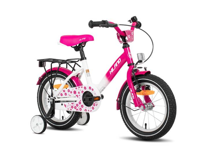 Hiland Starry kinderfiets voor jongens en meisjes van 2-7 jaar met zijwieltjes, bel en achterbagagedrager, roze, 14 inch