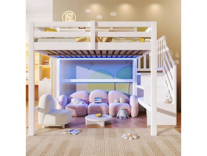 MEULVA Lit mezzanine enfant 140 x 200 cm avec LED escalier de rangement sommier à lattes blanc
