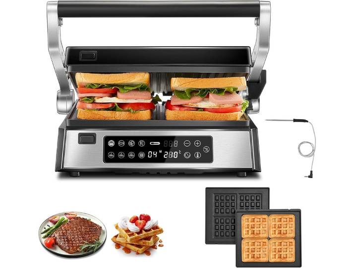 FOHERE Kontaktgrill 4 in 1, Paninimaker, Multifunktions-Waffeleisen & Sandwichmaker, 2200 W, mit 8 Programme, abnehmbaren Platten und LED-Diaplay