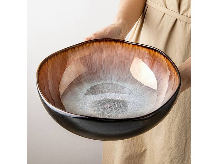 Grand bol en céramique émaillé au four domestique, bol à soupe à approfondissement irrégulier, bol à poisson bouilli, fours à micro-ondes disponibles, 9.5 po