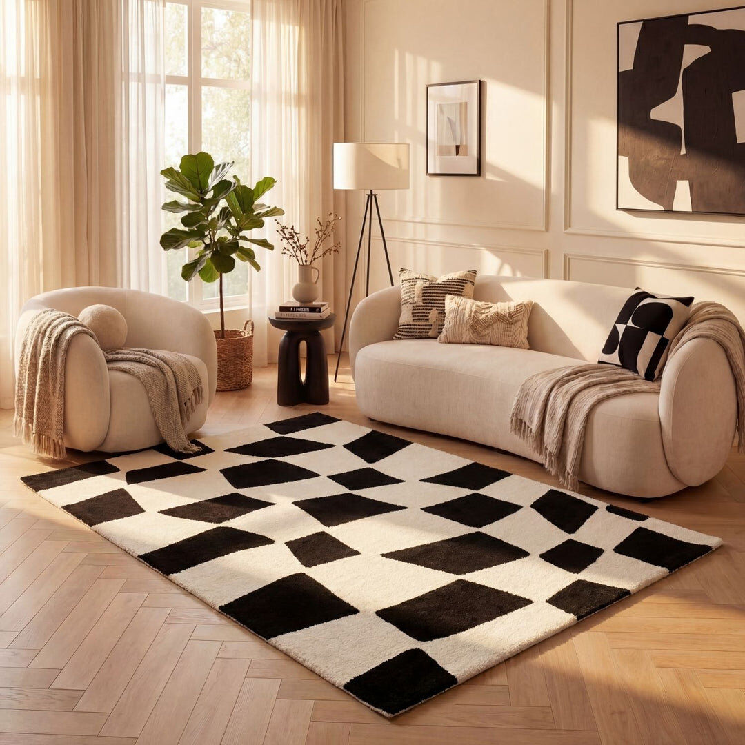 THE RUGS Joli Chequered Area Rug Soft Dense Pile for Living Rooms and Bedrooms Black/White Rectangle 80 x 150 cm